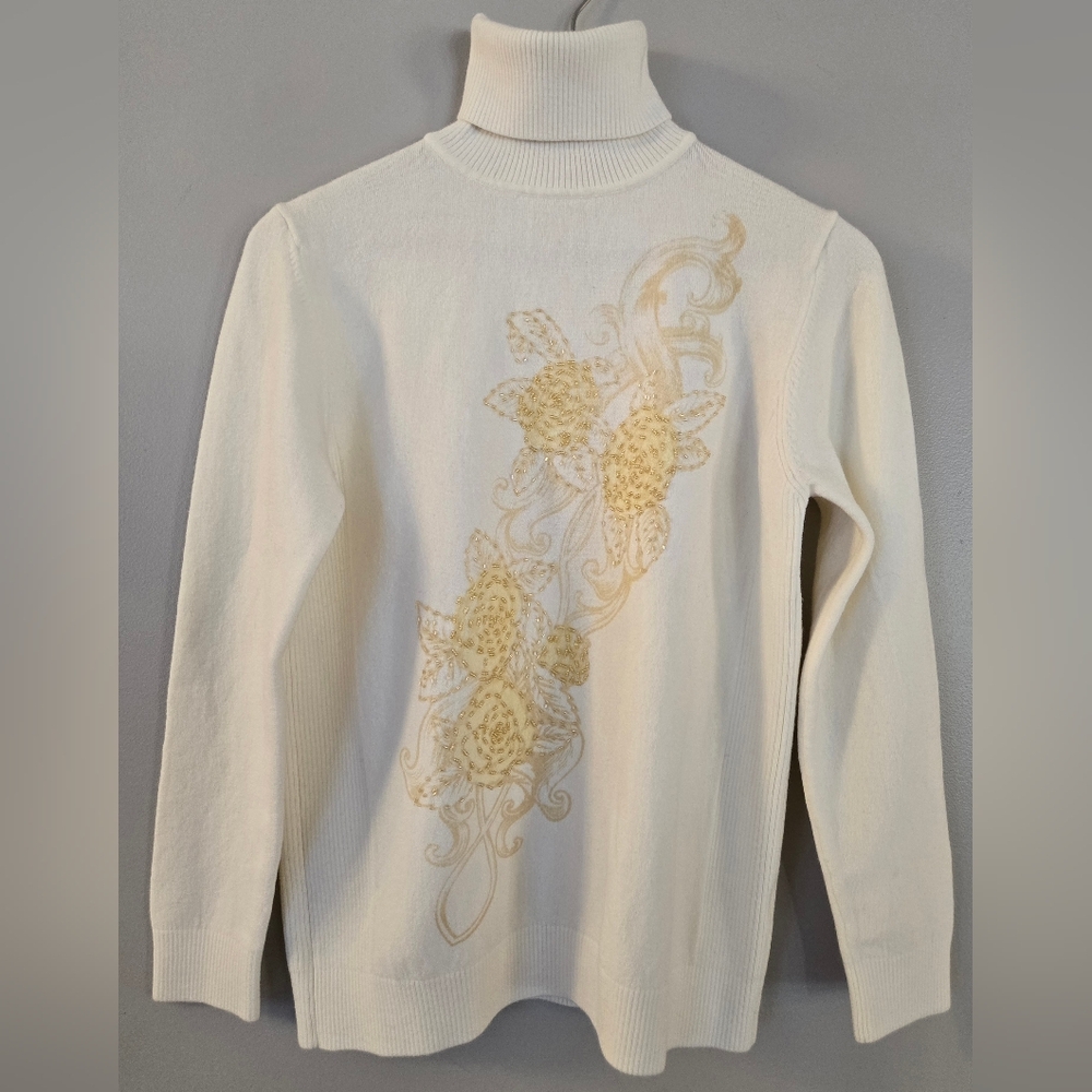 Joy London Pullover White And Beige Turtle Neck‎ Long Sleeve & Beads Size XL